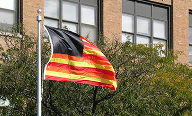 "Freedom to Fear" - a sculpture flying over Chicago's Eisenhower Expressway prior to inclusion in "The Four Freedoms" art show.